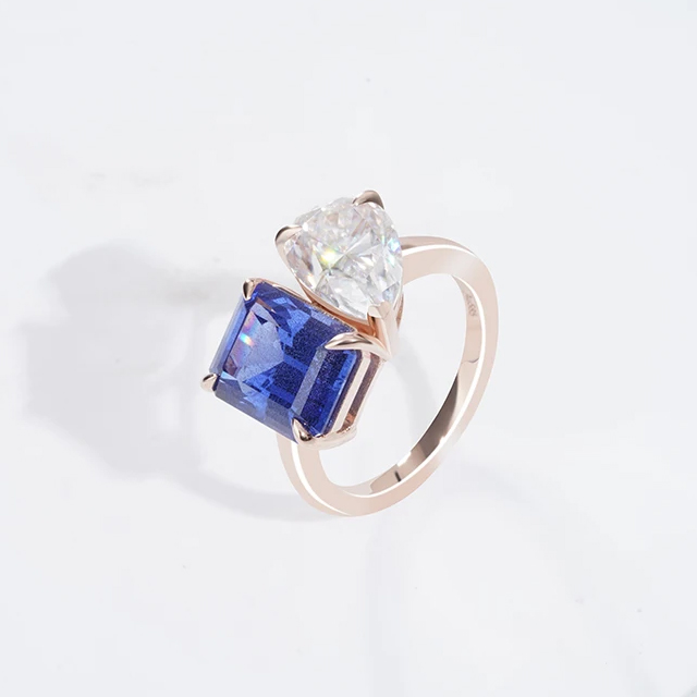 Toi Et Moi 14K Soild Gold Lab Sapphire And Moissanite Ring