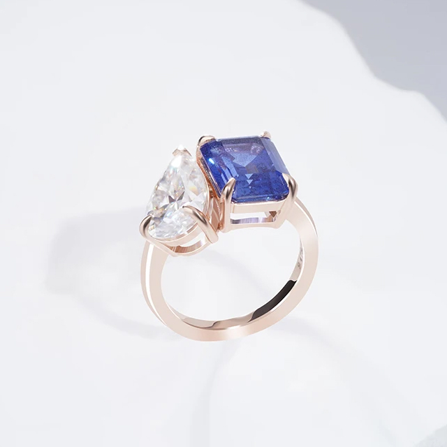 Toi Et Moi 14K Soild Gold Lab Sapphire And Moissanite Ring