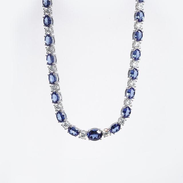 14K White Gold Oval Cut Lab Grown Sapphire and Round Brilliant Cut Moissanite Diamond Necklace