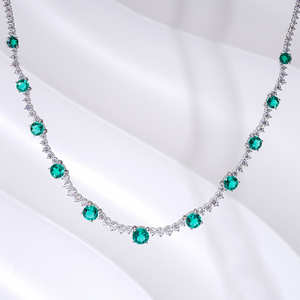 14K White Gold Round Round Cut Lab Grown Emerald and Moissanite Diamond Necklace 