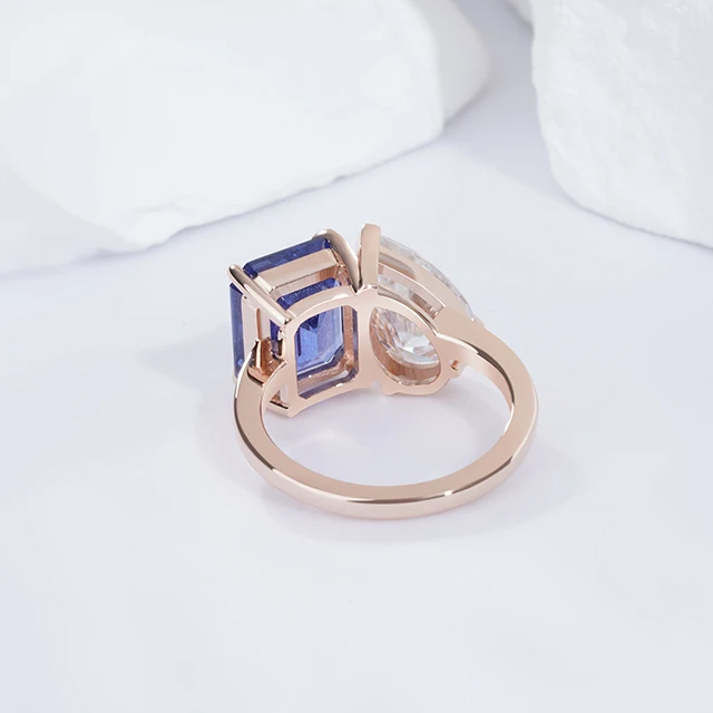 Toi Et Moi 14K Soild Gold Lab Sapphire And Moissanite Ring