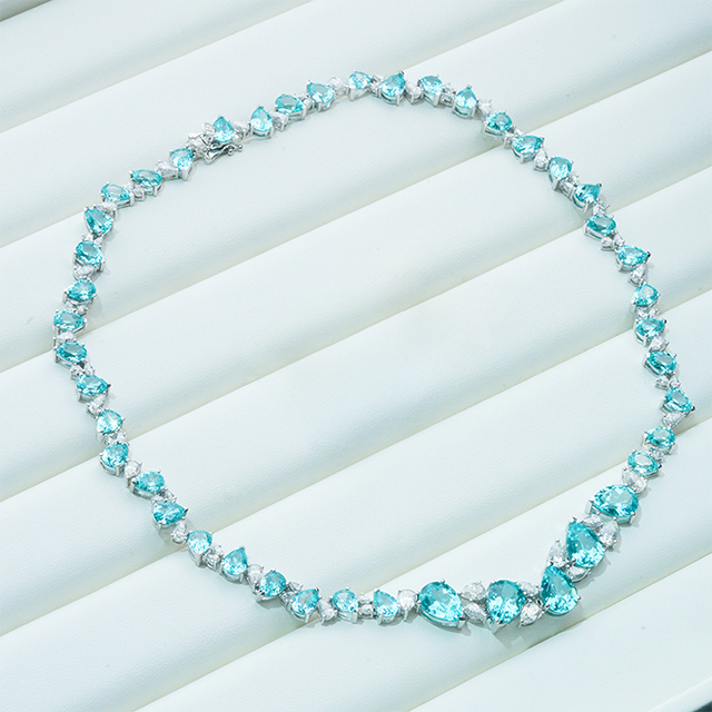 14K White Gold Pear Cut Lab Grown Paraiba Sapphire and Moissanite Luxury Diamond Necklace