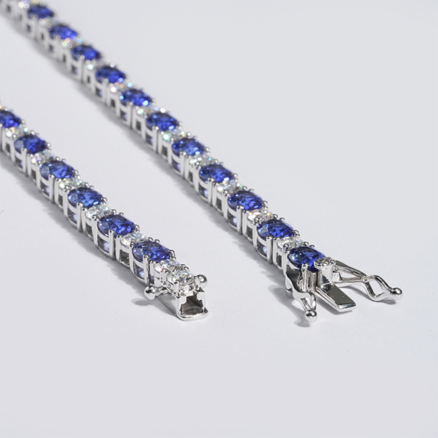 14K White Gold Oval Cut Lab Grown Sapphire and Round Brilliant Cut Moissanite Diamond Necklace