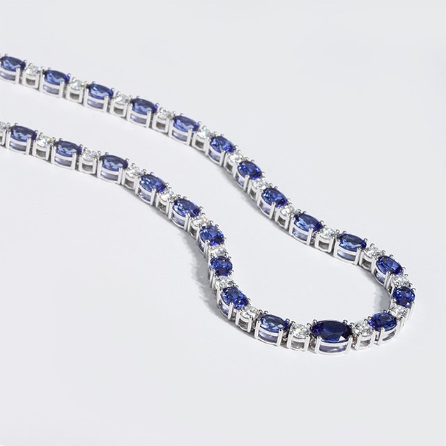 14K White Gold Oval Cut Lab Grown Sapphire and Round Brilliant Cut Moissanite Diamond Necklace