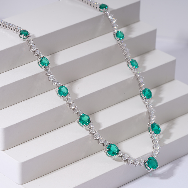 14K White Gold Round Round Cut Lab Grown Emerald and Moissanite Diamond Necklace 