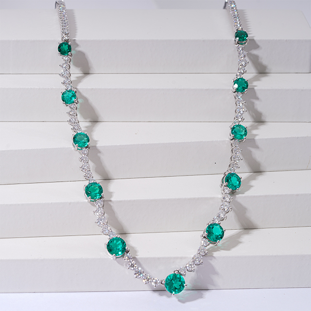 14K White Gold Round Round Cut Lab Grown Emerald and Moissanite Diamond Necklace 