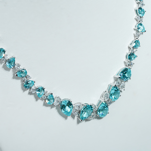 14K White Gold Pear Cut Lab Grown Paraiba Sapphire and Moissanite Luxury Diamond Necklace